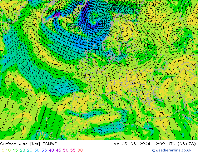 wiatr 10 m ECMWF pon. 03.06.2024 12 UTC