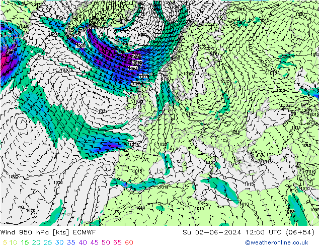 Wind 950 hPa ECMWF Su 02.06.2024 12 UTC