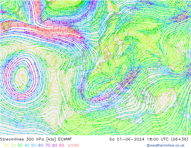 Ligne de courant 300 hPa ECMWF sam 01.06.2024 18 UTC