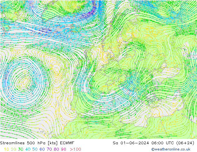 Stromlinien 500 hPa ECMWF Sa 01.06.2024 06 UTC