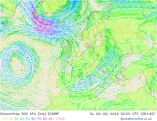 ветер 500 гПа ECMWF Вс 02.06.2024 00 UTC