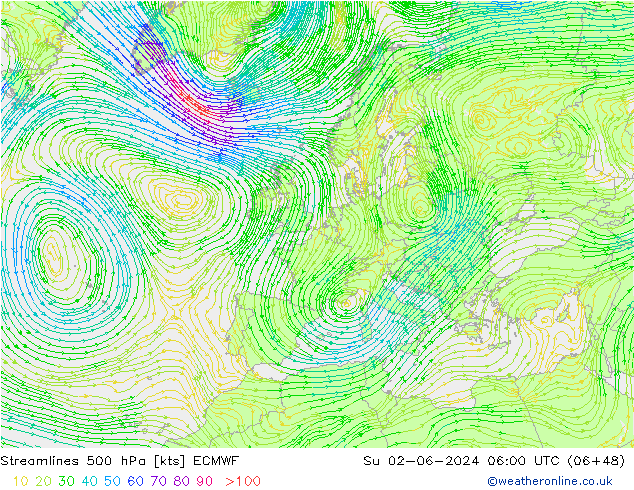 Linea di flusso 500 hPa ECMWF dom 02.06.2024 06 UTC