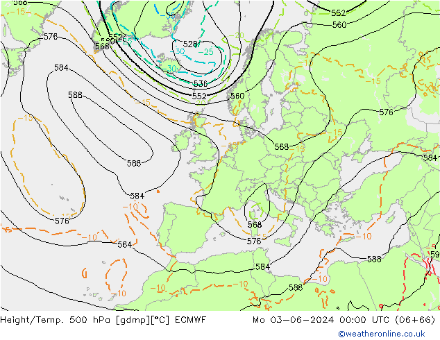 Z500/Rain (+SLP)/Z850 ECMWF Po 03.06.2024 00 UTC