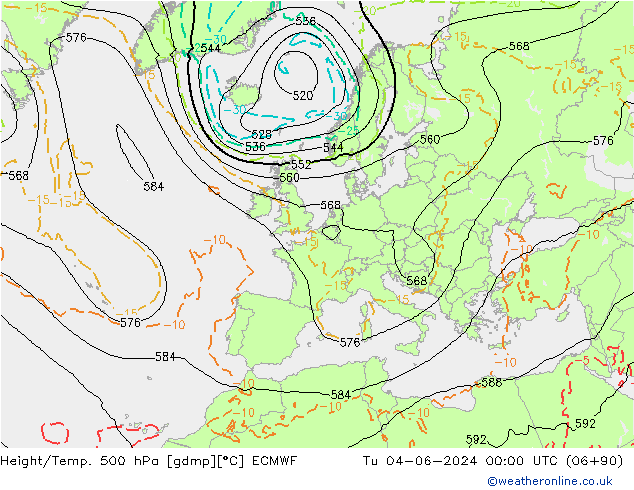 Height/Temp. 500 hPa ECMWF Út 04.06.2024 00 UTC