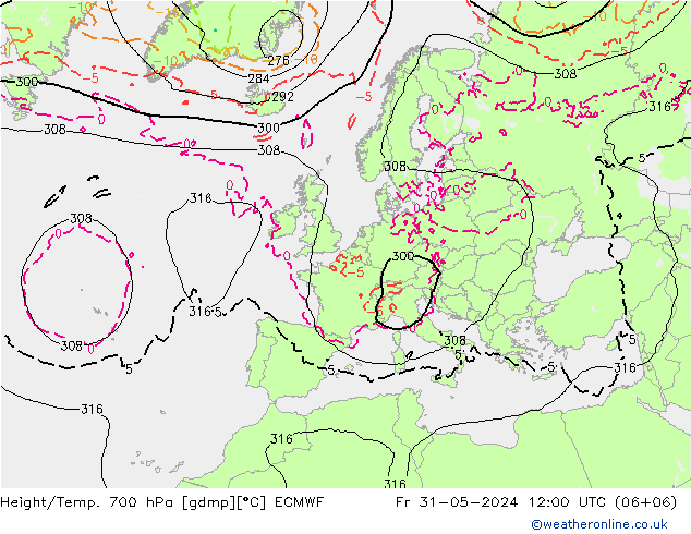 Height/Temp. 700 hPa ECMWF Fr 31.05.2024 12 UTC