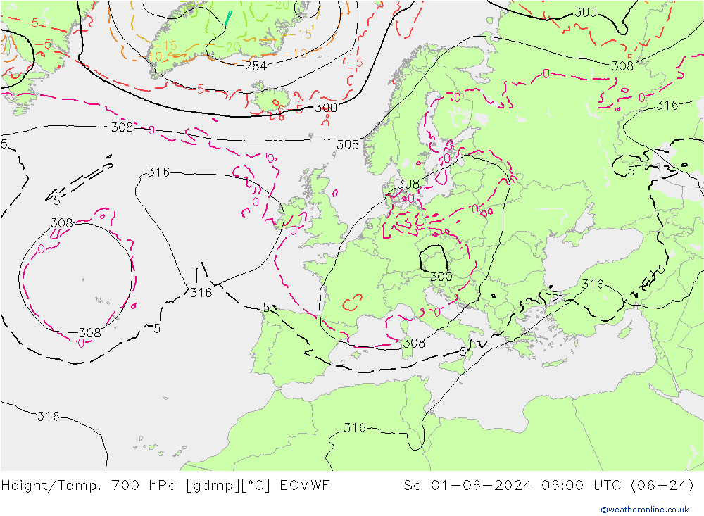 Height/Temp. 700 гПа ECMWF сб 01.06.2024 06 UTC