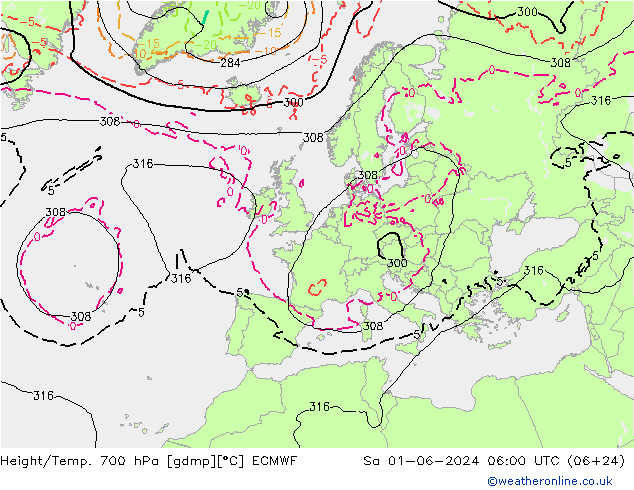 Height/Temp. 700 hPa ECMWF so. 01.06.2024 06 UTC
