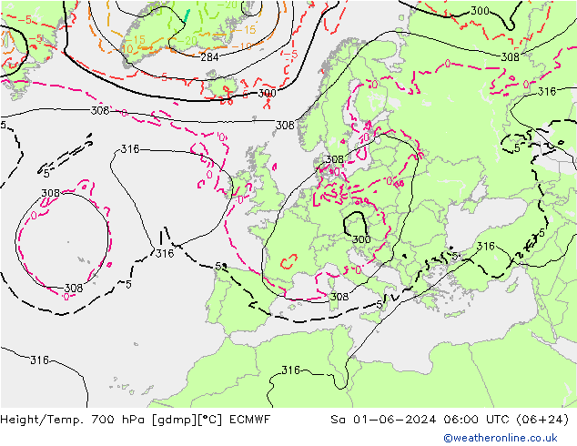 Height/Temp. 700 гПа ECMWF сб 01.06.2024 06 UTC