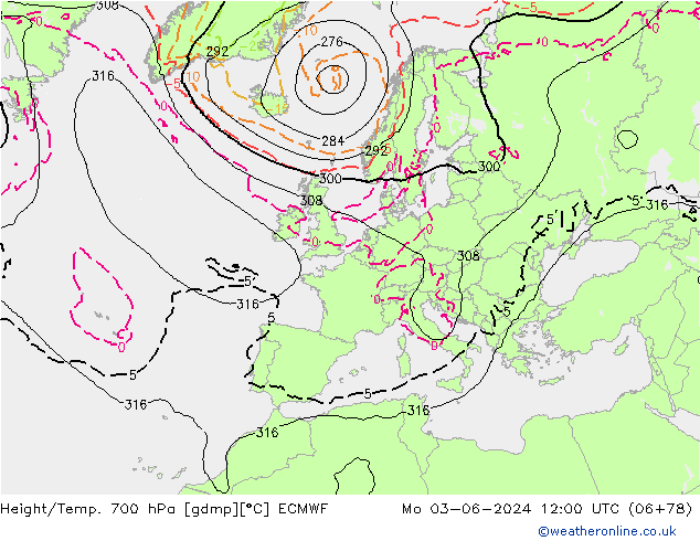 Height/Temp. 700 hPa ECMWF Mo 03.06.2024 12 UTC