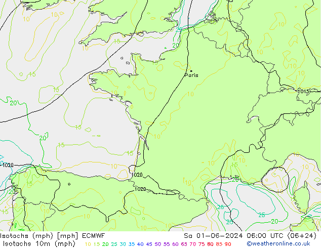 Isotachs (mph) ECMWF sab 01.06.2024 06 UTC