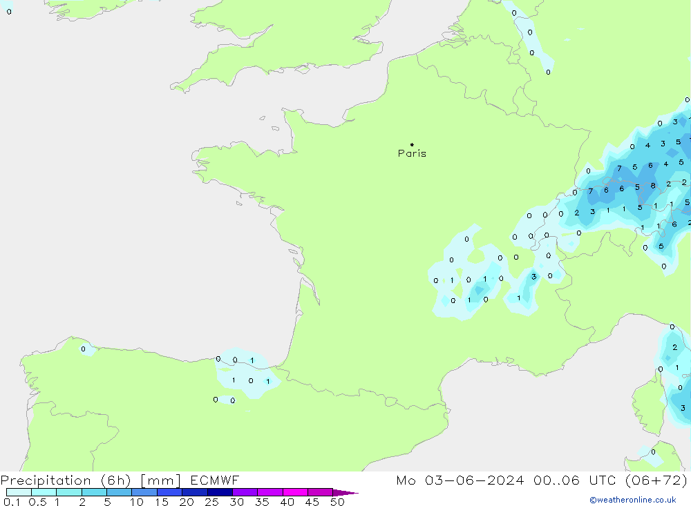 Totale neerslag (6h) ECMWF ma 03.06.2024 06 UTC