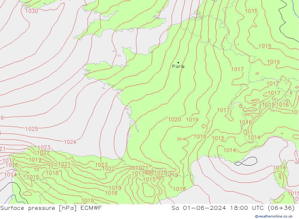 Surface pressure ECMWF Sa 01.06.2024 18 UTC