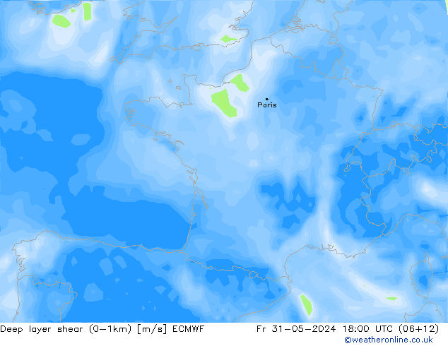 Deep layer shear (0-1km) ECMWF Fr 31.05.2024 18 UTC