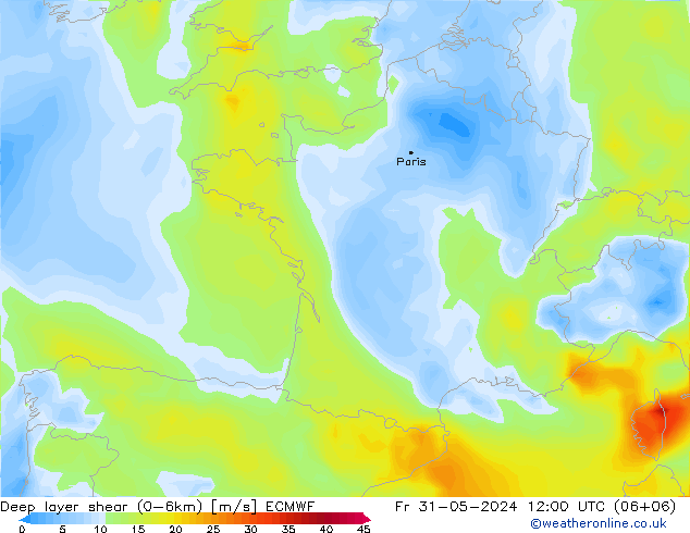 Deep layer shear (0-6km) ECMWF Sex 31.05.2024 12 UTC