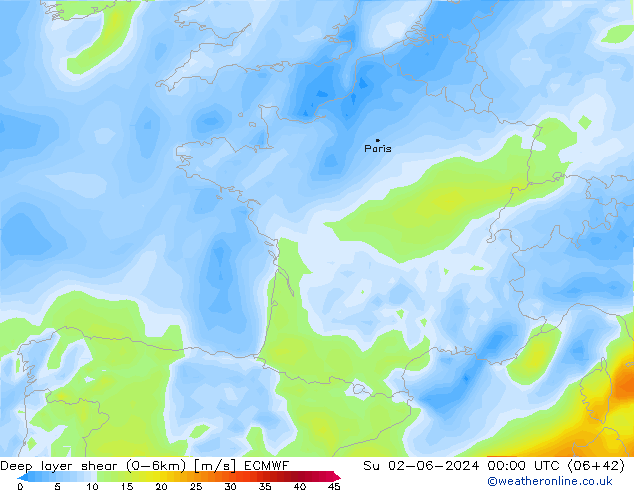 Deep layer shear (0-6km) ECMWF zo 02.06.2024 00 UTC