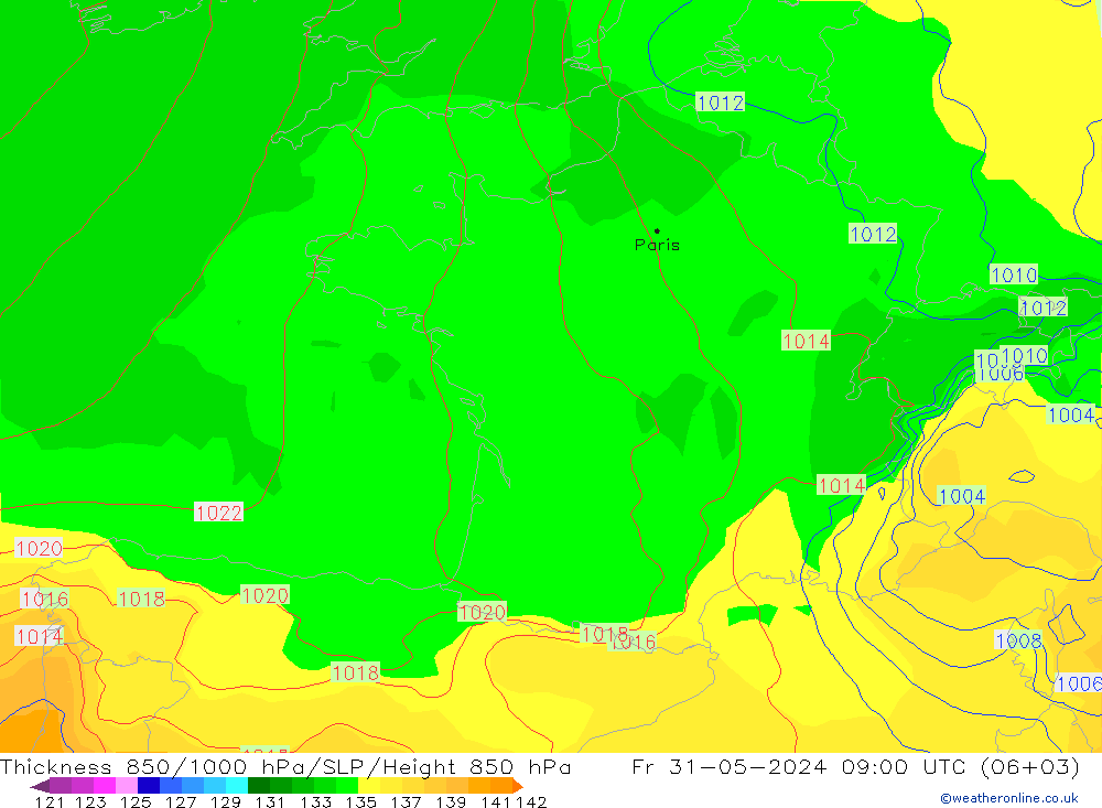 Schichtdicke 850-1000 hPa ECMWF Fr 31.05.2024 09 UTC