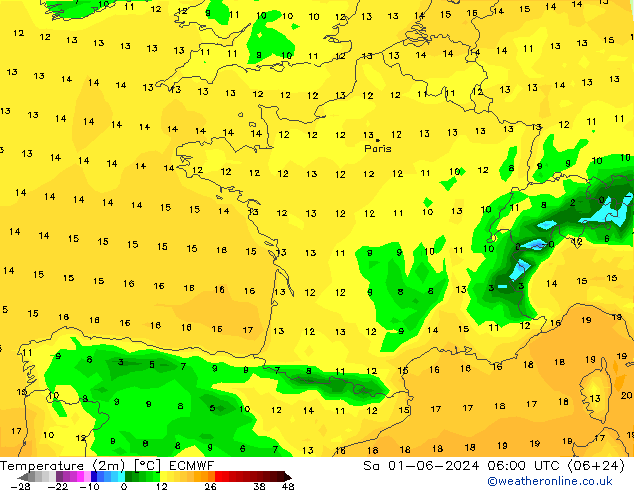 Temperature (2m) ECMWF Sa 01.06.2024 06 UTC