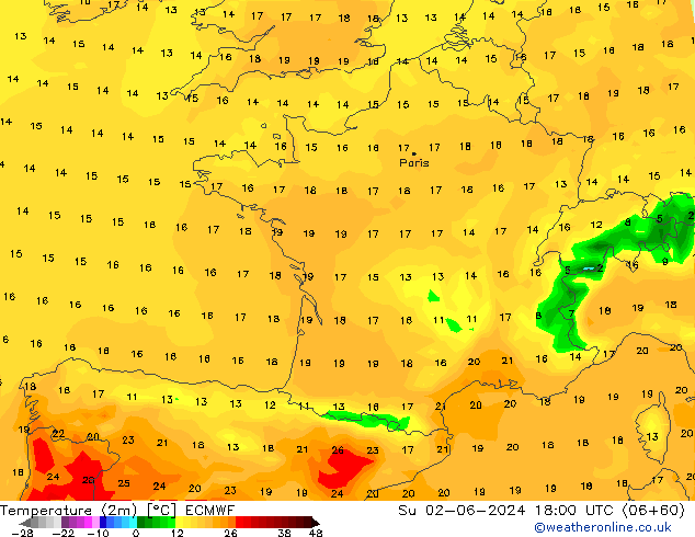 Temperature (2m) ECMWF Su 02.06.2024 18 UTC