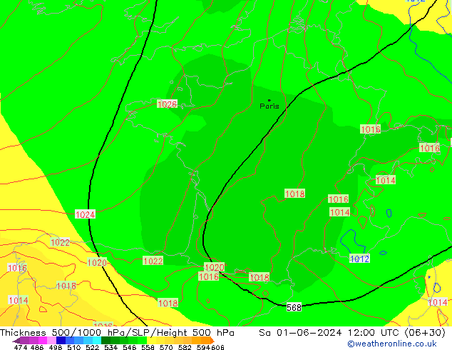 Espesor 500-1000 hPa ECMWF sáb 01.06.2024 12 UTC