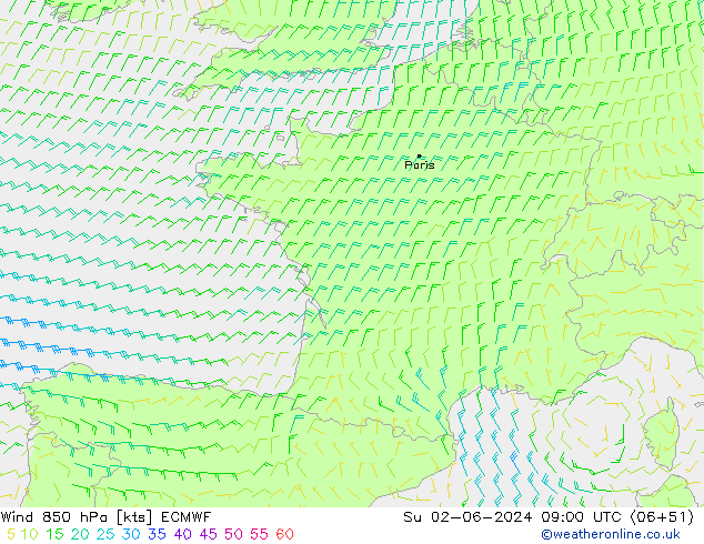 Rüzgar 850 hPa ECMWF Paz 02.06.2024 09 UTC