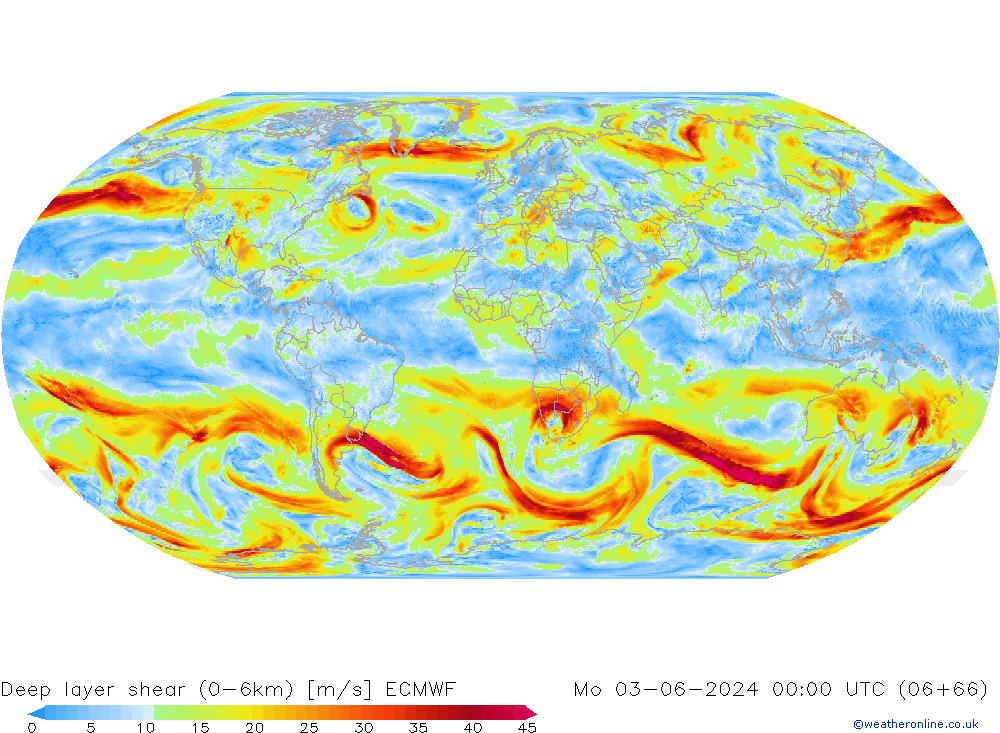 Deep layer shear (0-6km) ECMWF Mo 03.06.2024 00 UTC