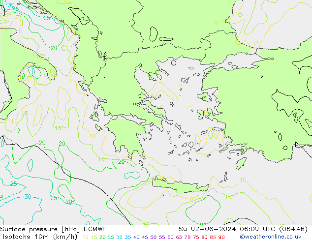 Isotachs (kph) ECMWF Su 02.06.2024 06 UTC