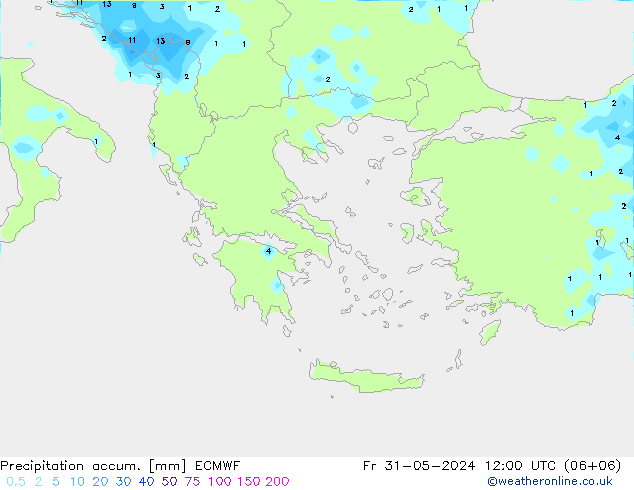 Precipitation accum. ECMWF Pá 31.05.2024 12 UTC