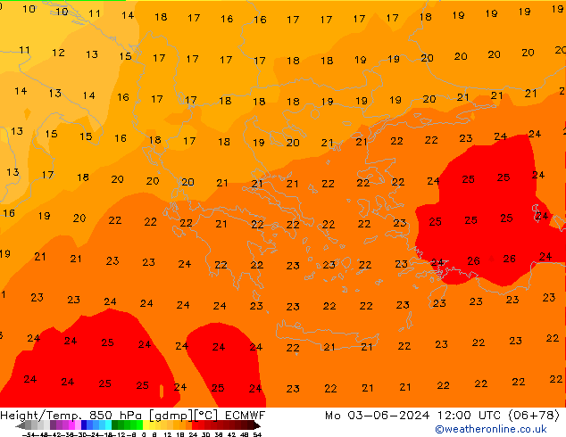 Yükseklik/Sıc. 850 hPa ECMWF Pzt 03.06.2024 12 UTC