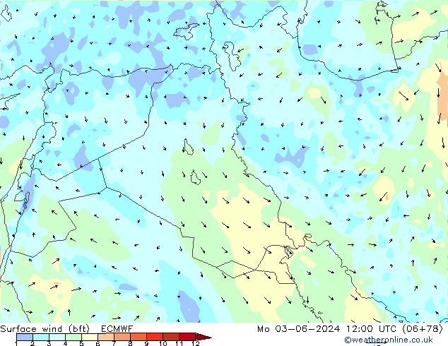 wiatr 10 m (bft) ECMWF pon. 03.06.2024 12 UTC