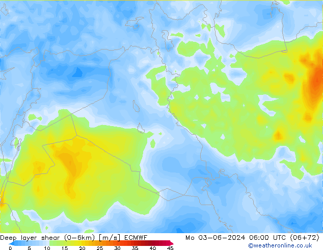 Deep layer shear (0-6km) ECMWF Mo 03.06.2024 06 UTC