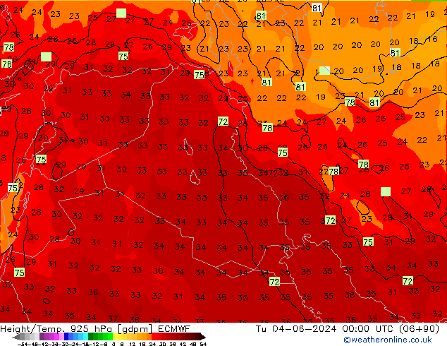 Height/Temp. 925 hPa ECMWF wto. 04.06.2024 00 UTC