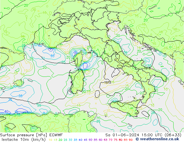 Isotachen (km/h) ECMWF za 01.06.2024 15 UTC