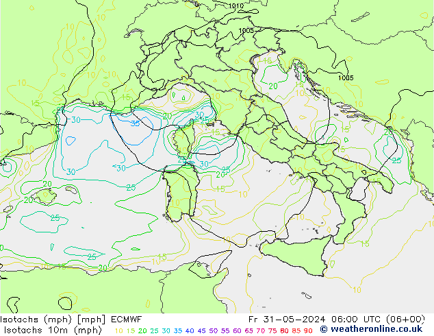 Isotachen (mph) ECMWF vr 31.05.2024 06 UTC