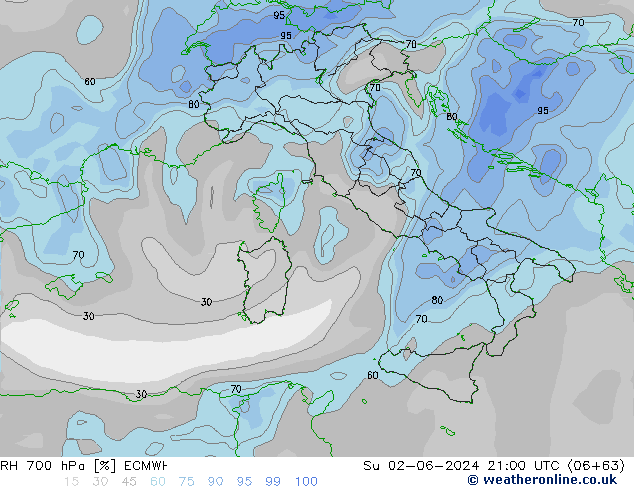 RH 700 hPa ECMWF Dom 02.06.2024 21 UTC