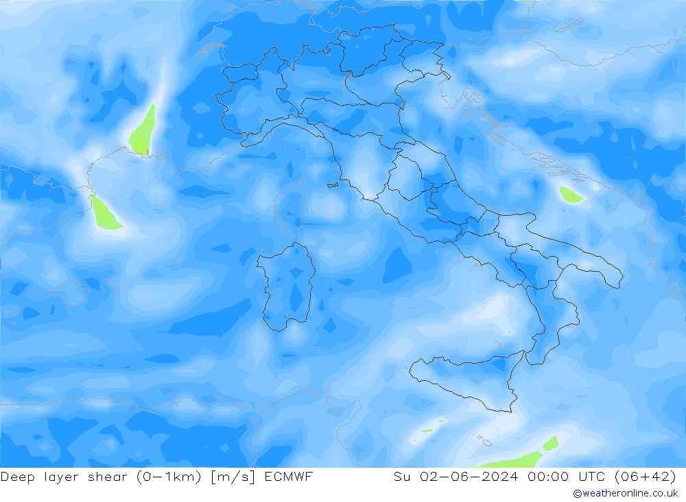 Deep layer shear (0-1km) ECMWF  02.06.2024 00 UTC