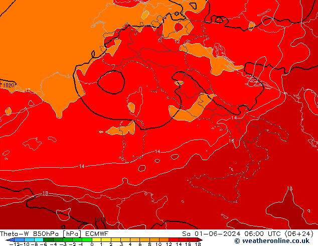 Theta-W 850hPa ECMWF sab 01.06.2024 06 UTC