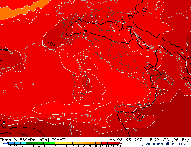 Theta-W 850hPa ECMWF Pzt 03.06.2024 18 UTC