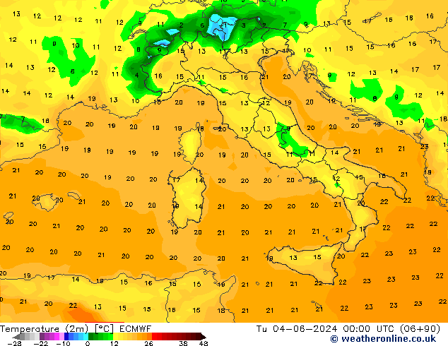 température (2m) ECMWF mar 04.06.2024 00 UTC