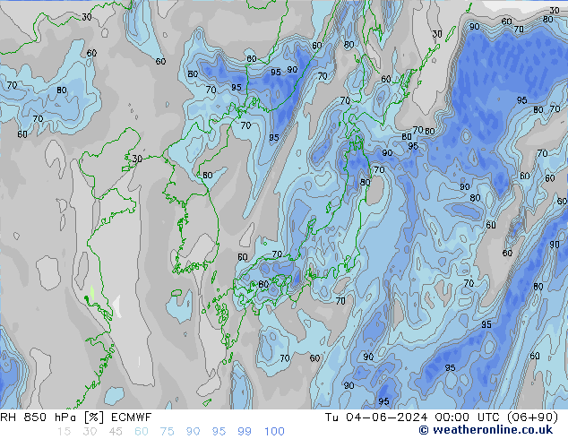 RH 850 hPa ECMWF Tu 04.06.2024 00 UTC