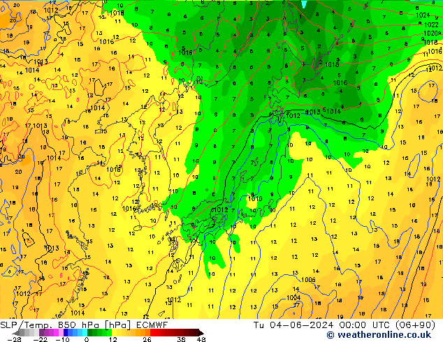 SLP/Temp. 850 hPa ECMWF Tu 04.06.2024 00 UTC