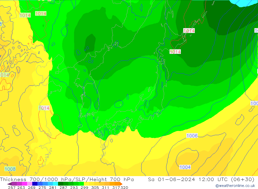 Thck 700-1000 hPa ECMWF Sa 01.06.2024 12 UTC