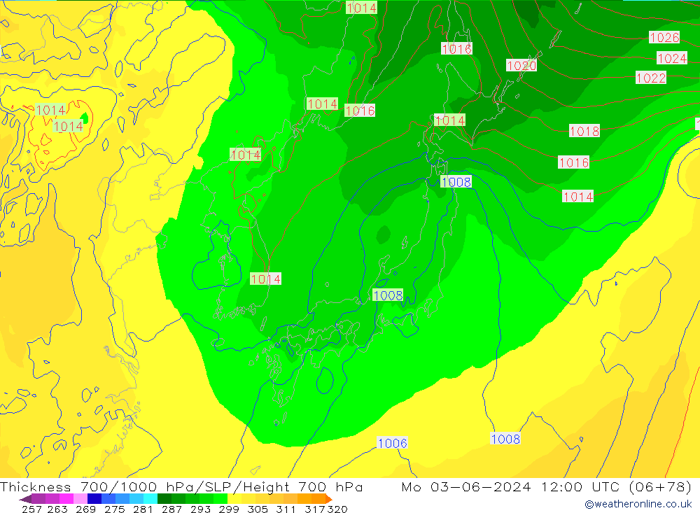 Thck 700-1000 hPa ECMWF Mo 03.06.2024 12 UTC