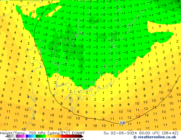 Géop./Temp. 700 hPa ECMWF dim 02.06.2024 00 UTC