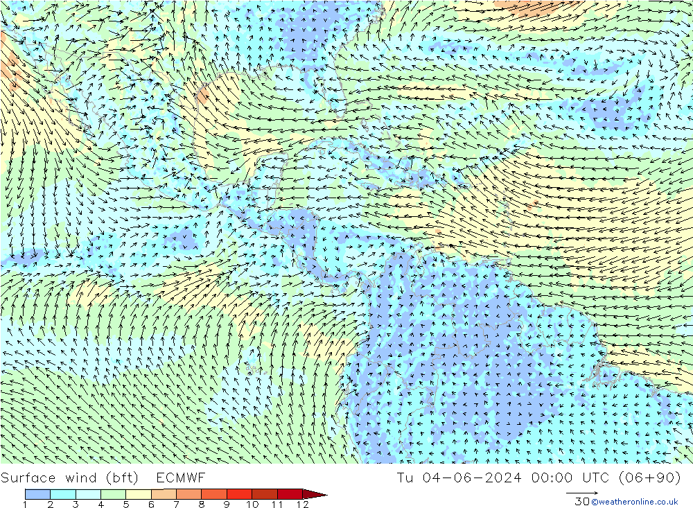 Surface wind (bft) ECMWF Tu 04.06.2024 00 UTC