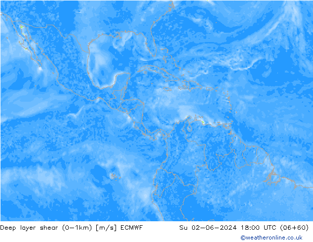 Deep layer shear (0-1km) ECMWF Dom 02.06.2024 18 UTC