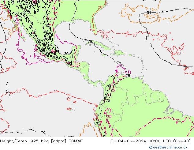 Height/Temp. 925 hPa ECMWF Út 04.06.2024 00 UTC