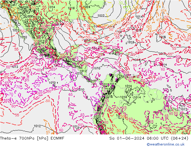 Theta-e 700hPa ECMWF Sa 01.06.2024 06 UTC