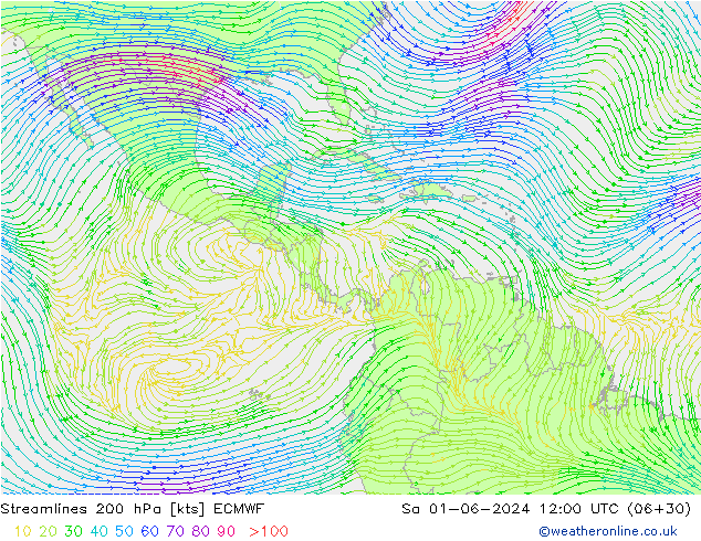 Linia prądu 200 hPa ECMWF so. 01.06.2024 12 UTC