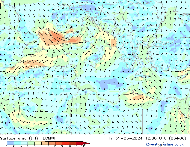 Rüzgar 10 m (bft) ECMWF Cu 31.05.2024 12 UTC