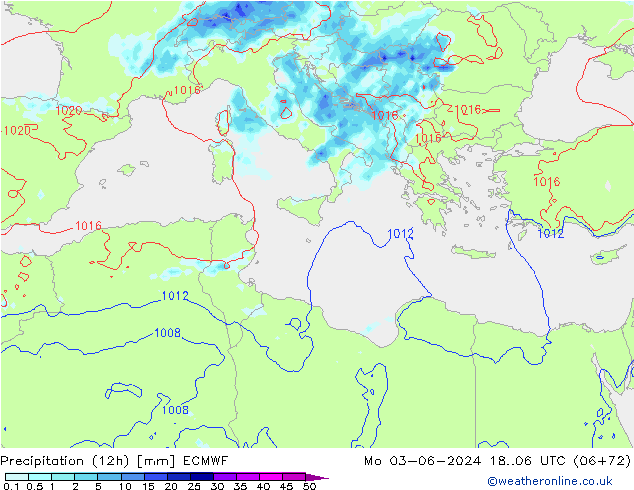 Totale neerslag (12h) ECMWF ma 03.06.2024 06 UTC